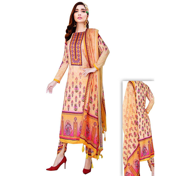 Silk Cotton Body Embroidered Digital Print Silk Cotton Dupatta 3pc in wholesale price