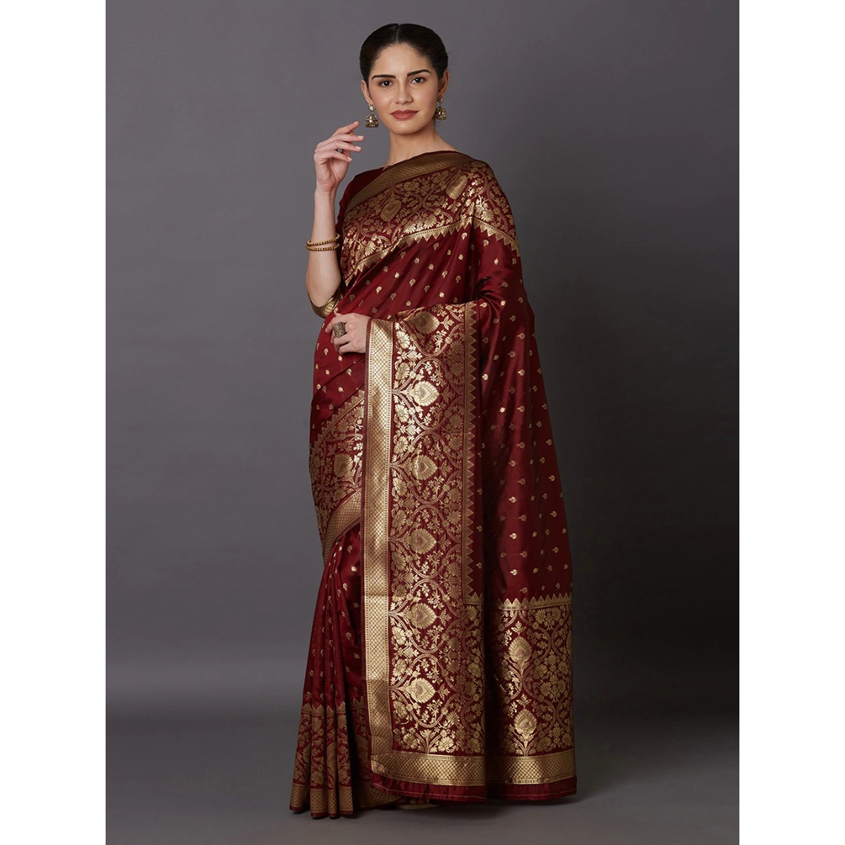Latest Designed Luxury Exclusive Printed Silk Saree (Maroon) With Blouse Piece For Women