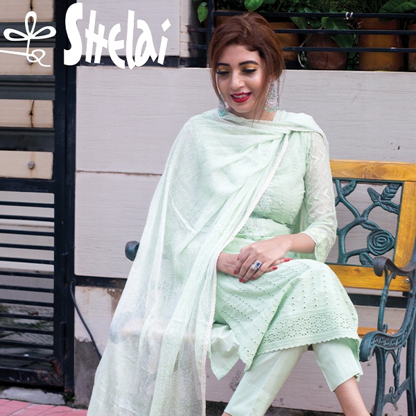 Chicken Work Cotton Front Digital Printed Chiffon Dupatta Exclucive 3pc By Shelai