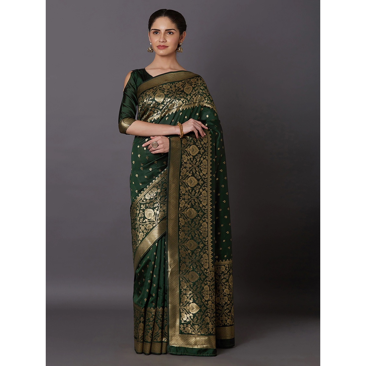 Latest Designed Luxury Exclusive Printed Katan Silk Saree (Green & Golden) With Blouse Piece For Women