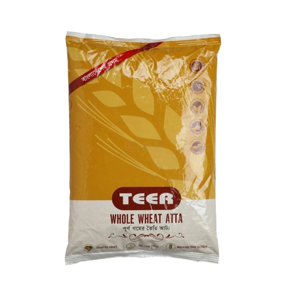 Teer Whole Wheat Atta- Pure whole wheat flour- Consistency in Milling-Best Baking Experience Possible- Rich in fiber, vitamin, and minerals- Produces soft and fluffy roti- 2 kg