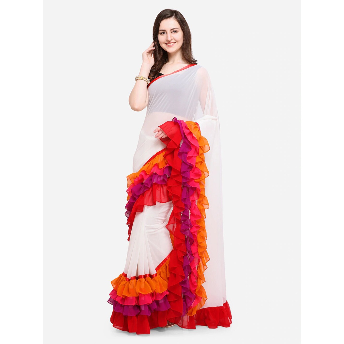 Indian Soft Weightless Georgette Saree (White & Red) With Matching Blouse Piece for Women