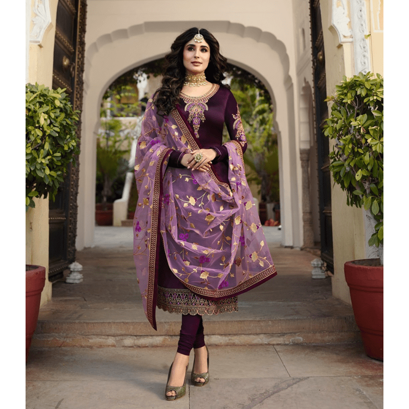 High Quality Purple Fabric’s Heavy Embroidery Work Semi-stitched Georgette Three Piece (salwar kameez) for women.