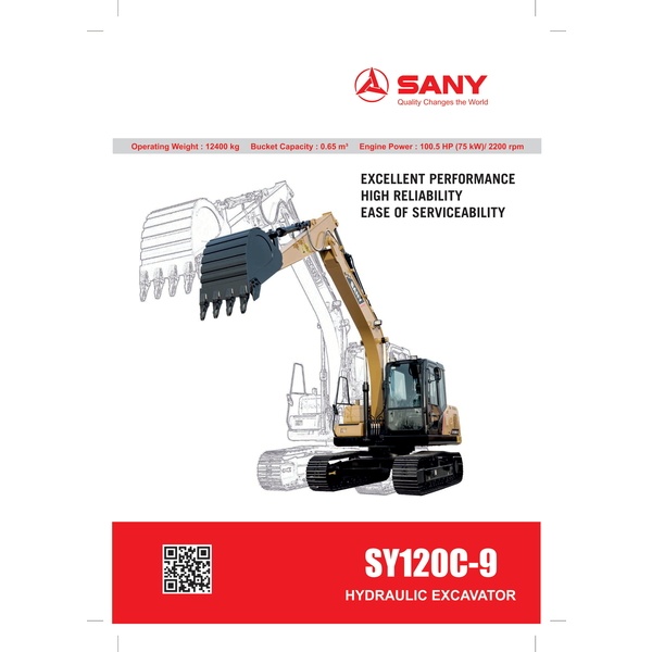 SANY Brand New Hydraulic Excavator Cummins Engine, Model: B3.9-100c, Bucket Size: 0.65 Cum, Battery: 2x12V, High Power Excavator (SY120C-9)