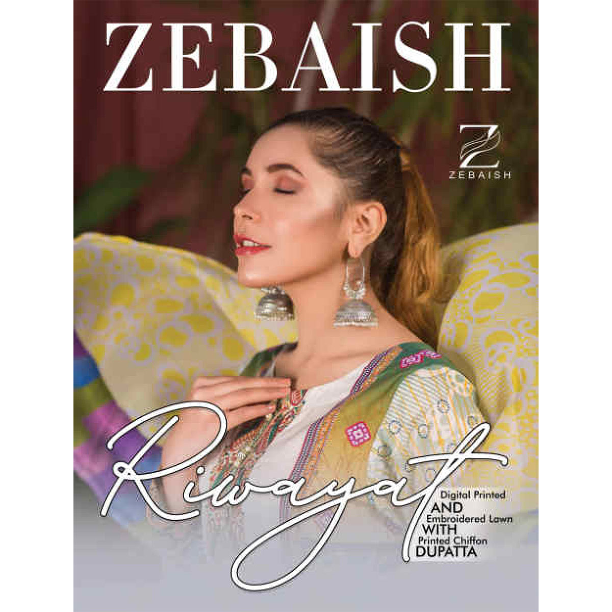 Riwayat Digital Printed and Embroidered Lawn with Printed Chiffon Dupatta by ZEBAISH Collection (Per Set - 10 Suits)