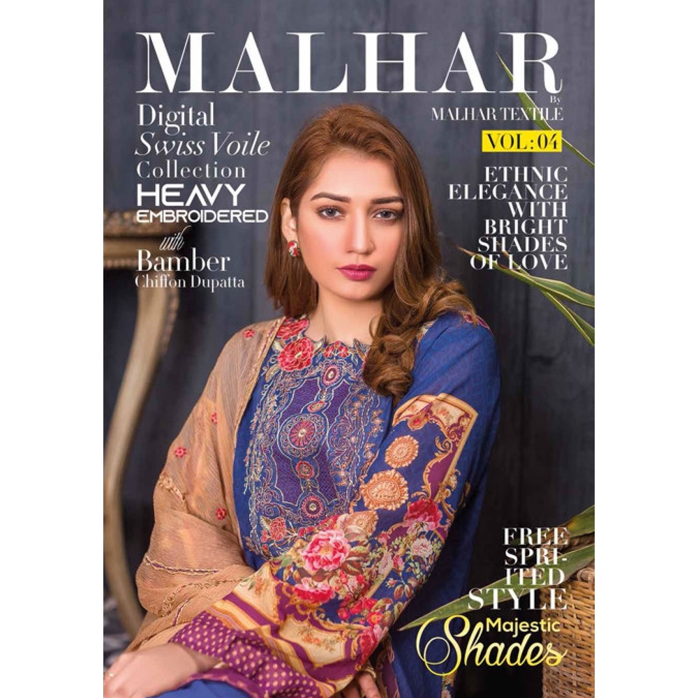 Malhar- Digital Swiss Voile Collection- Heavy Embroidered With Bamber Chiffon Dupatta - Per Set -10 Suit
