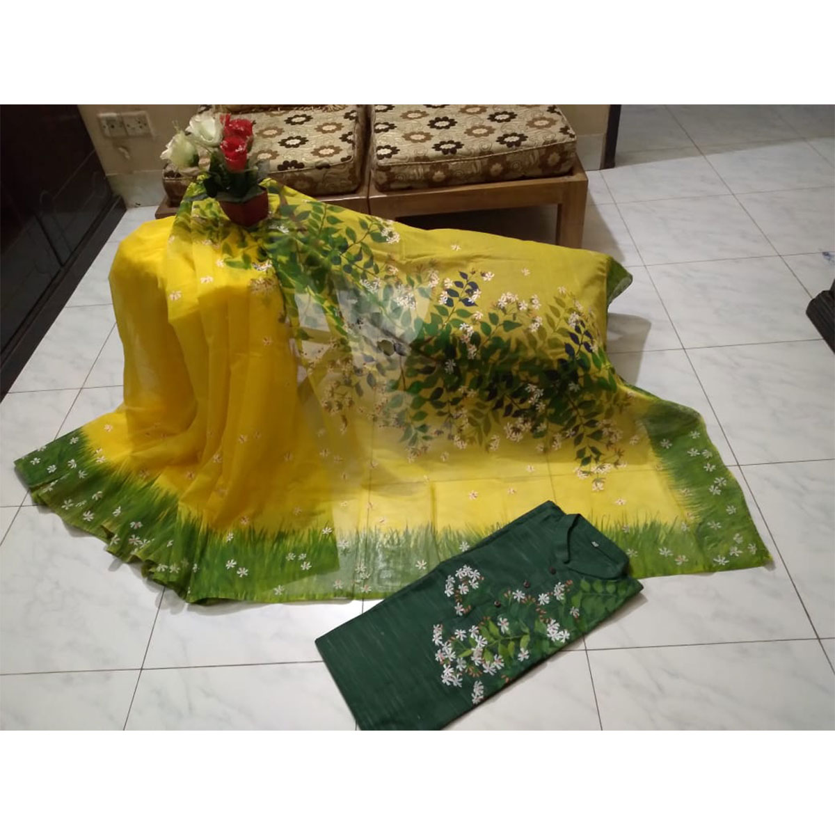 Tangail half silk hand paint tater sharee with Panjabi