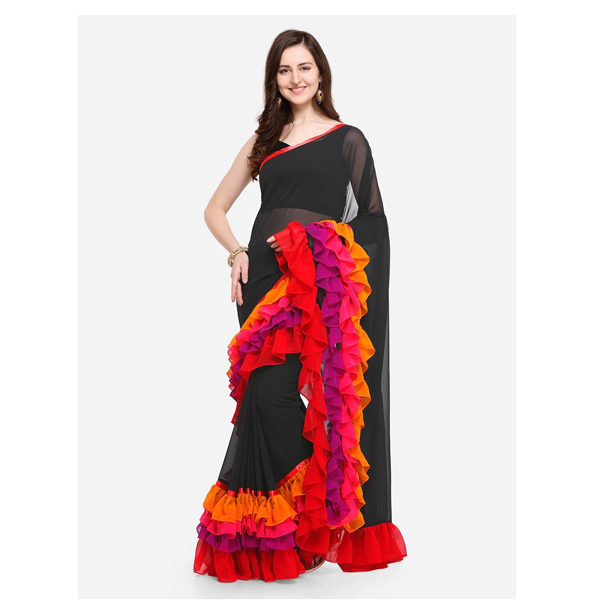 Indian Soft Weightless Georgette Saree (Black & Red) With Matching Blouse Piece for Women