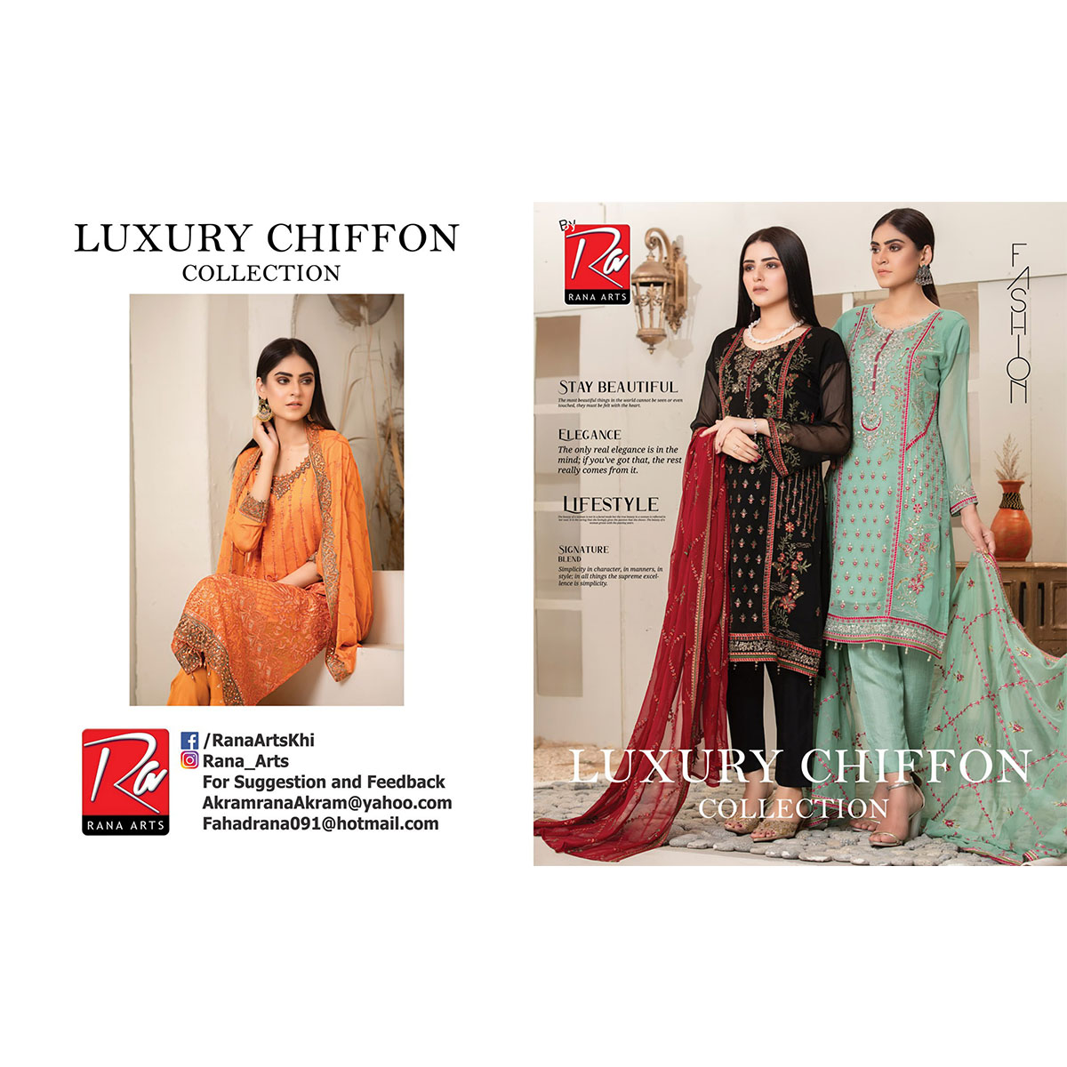 Luxury Chiffon Embroidered Dress Collection by Rana Arts (Per Set - 12 Suits)
