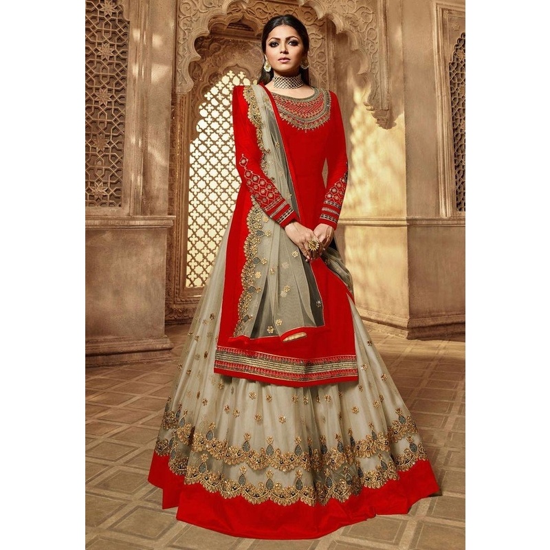 Red & Cream Color Glamour & Gorgeous New Design Heavy Embroidery Work Semi-stitched Four Piece Gown .