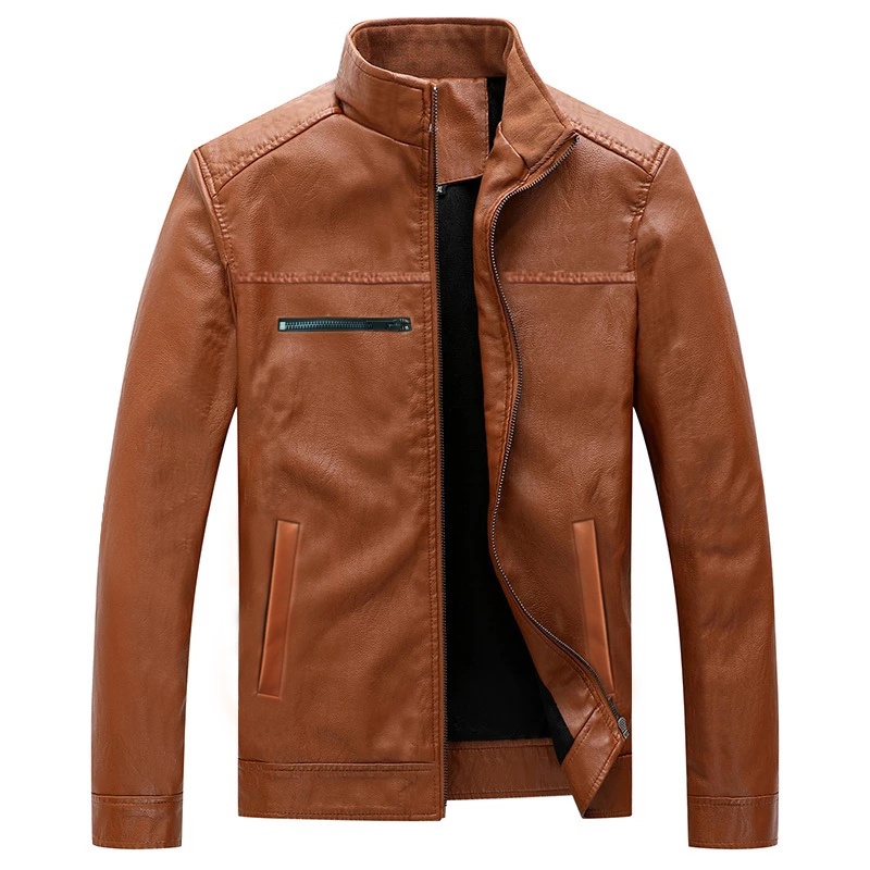 Men's Leather Jacket For Winter Brown- Stylish Leather Jacket- Artificial Leather Jacket- Quilted viscose lining- Band Style Collar- Zipper Cuffs