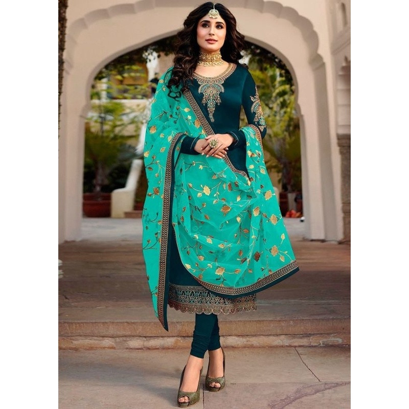 High Quality Sea Green Fabric’s Heavy Embroidery Work Semi-stitched Georgette Three Piece (salwar kameez) for women.