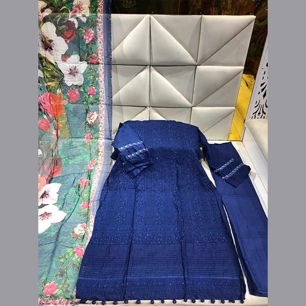 Cotton Body Embroidery with stone work three-piece