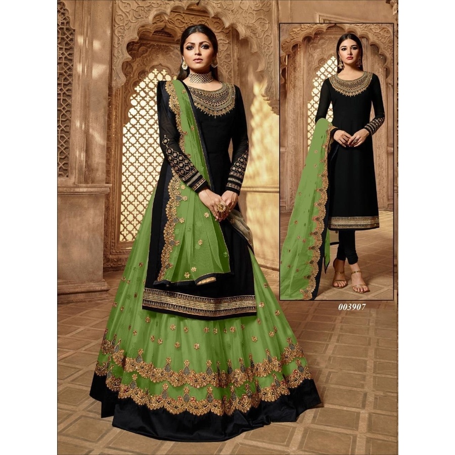 Gorgeous New Design Heavy Embroidery Work Semi-stitched Four Piece Black & Light Green Color Gown.