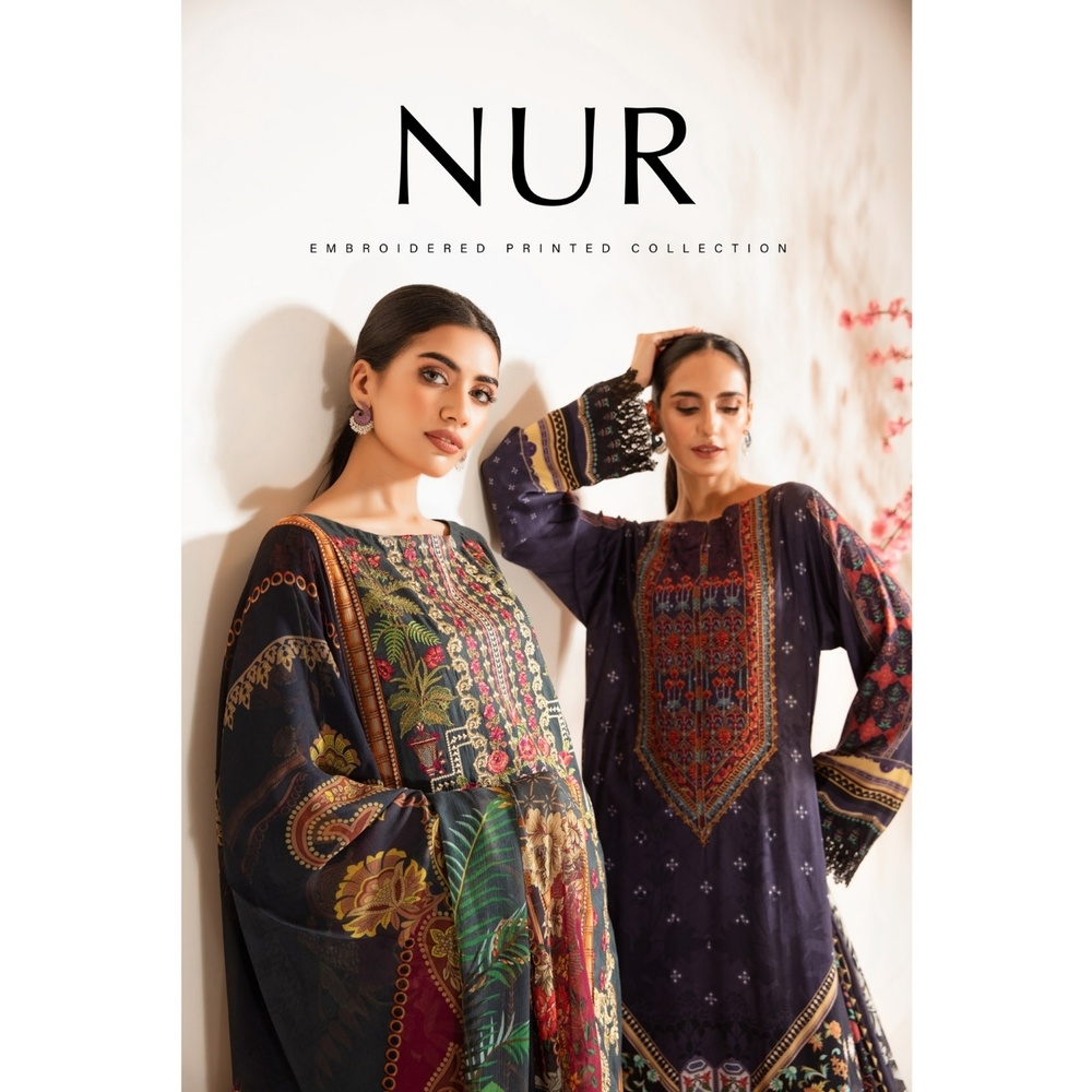 Nur Special Digital Printed Embroidered Soft Georgette body and Chiffon Dupatta Three Piece Collection.