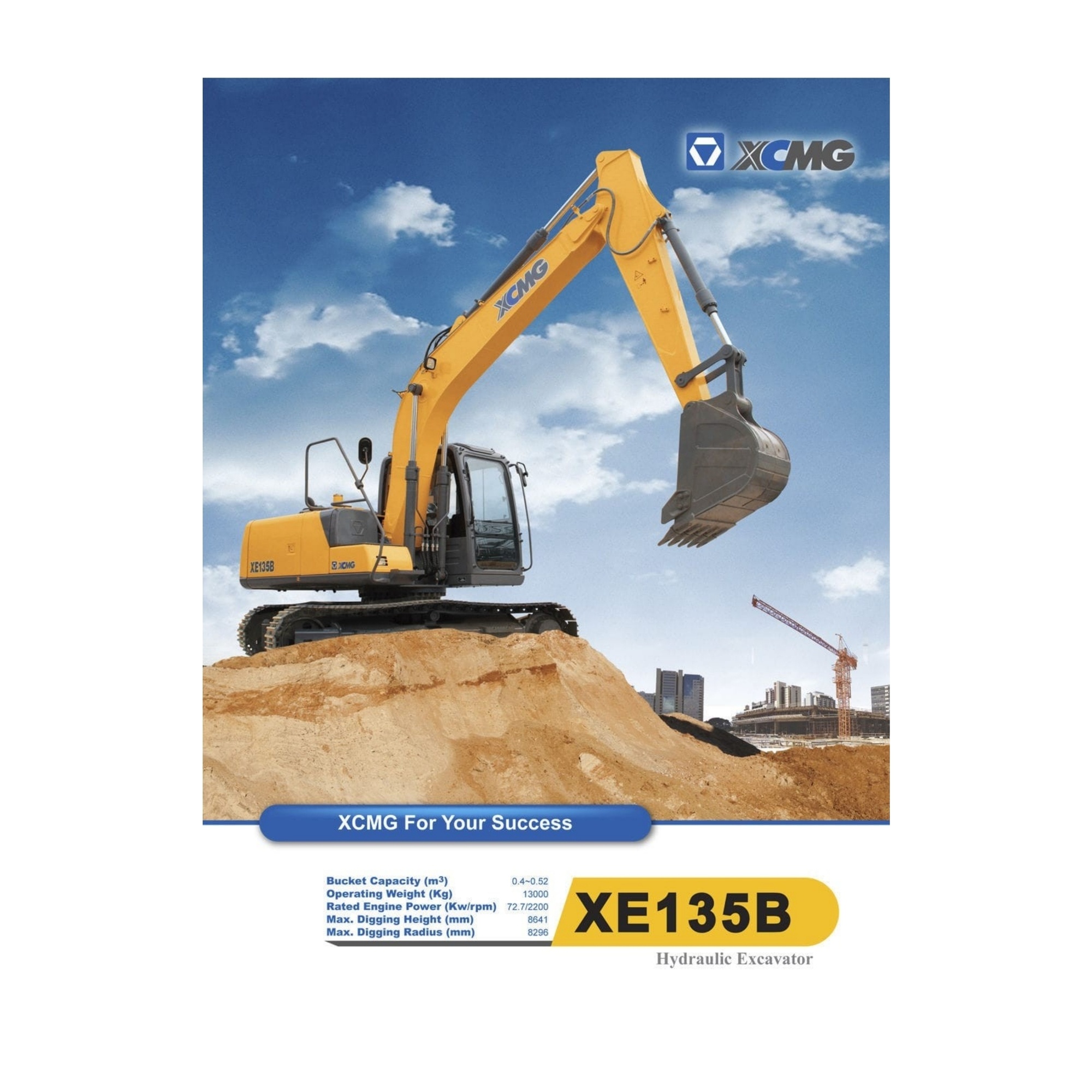 XCMG XE135B Crawler Excavator, 13 ton, 72.7 kW, Maximum Bucket Capacity 0.52 m³, Max digging depth 5538 mm, Engine Model ISUZU BB-4BG1TRP