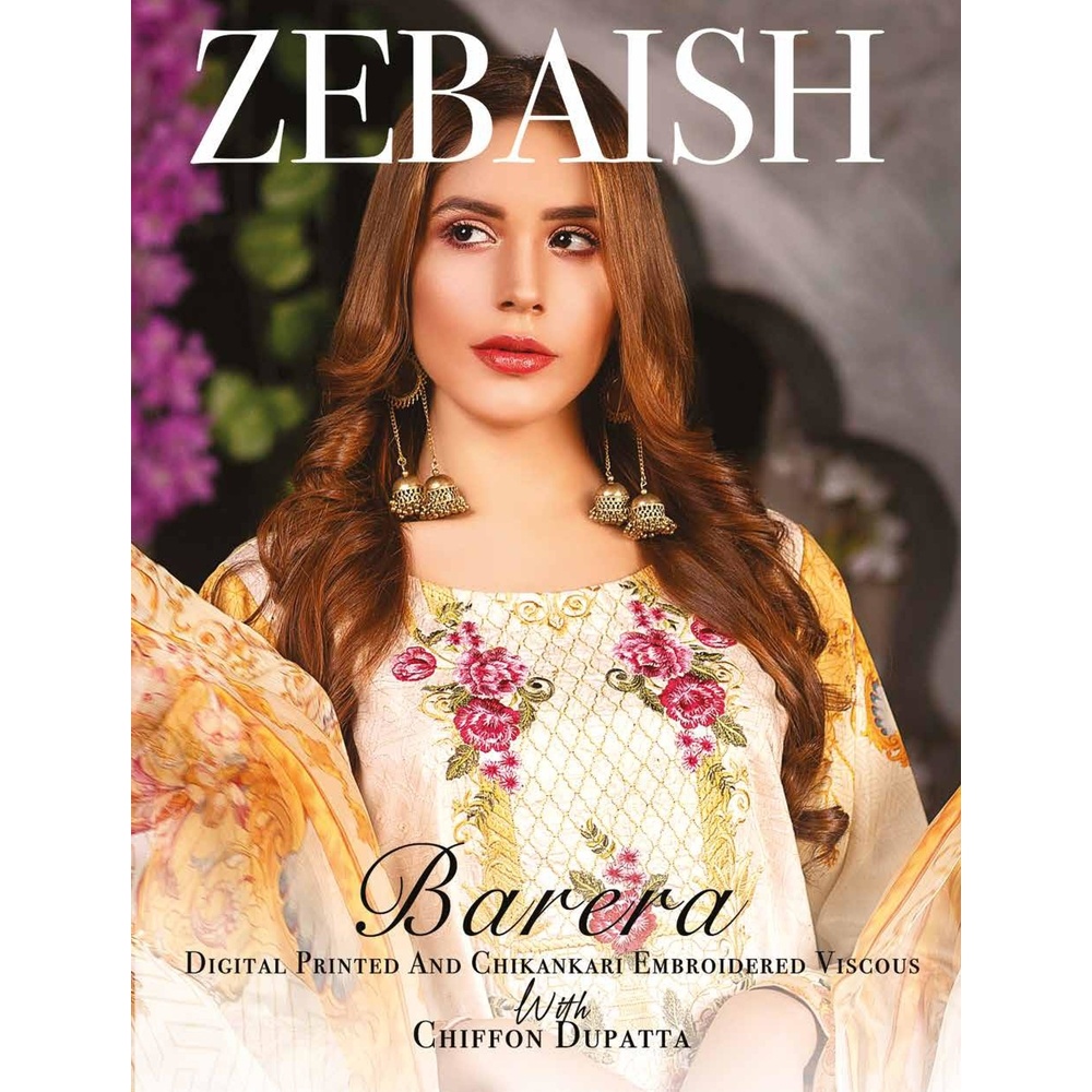 Zebaish Barerea Digital Printed & Chikankari embroidered Viscous with Chiffon Dupatta - Per Set 10 suit