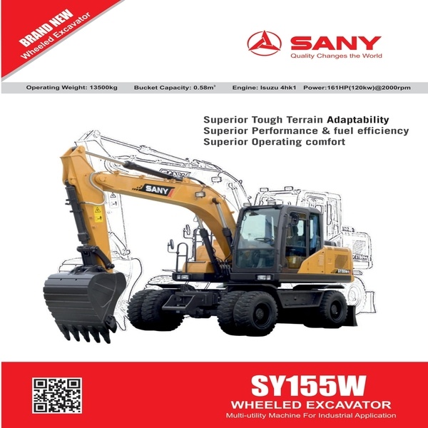 SANY Brand New Wheel Excavator Multi-utility Machine For Industrial Application, Isuzu Engine 4hk1 Power-161HP(120kw) @2000rpm, Bucket Capacity- 0.58m, Excavator- SY155W