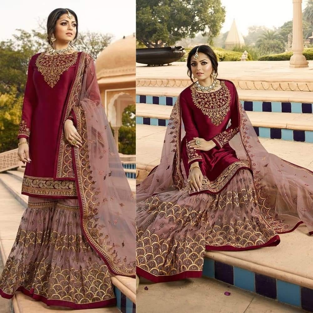 High Quality Fabric’s Heavy Embroidery Work Maroon Color Semi-stitched Georgette Three Piece (salwar kameez) for women.