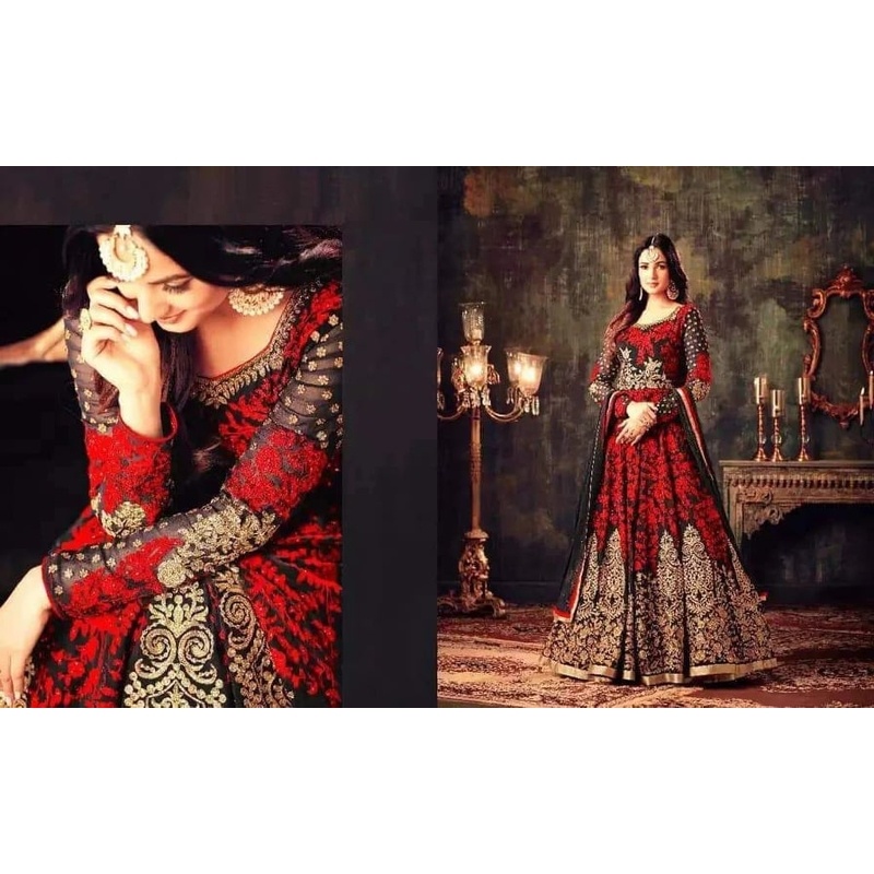High Quality Fabric’s Heavy Embroidery Work Semi-stitched Weightless Georgette Long Floor Touch Black & Red Color Anarkali Party Dress for women.