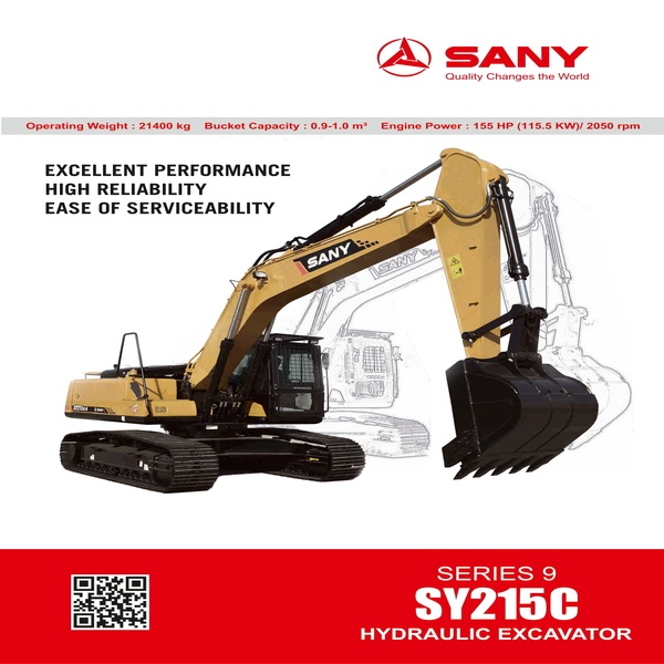 SANY Brand New Hydraulic Excavator(SY215C-9) SANY Mitsubishi D06S2, Engine Power: 155 HP (115 kW)@2050 rpm, Bucket Capacity: 1m3 GP-Std, 0.9m3 HD-Opt