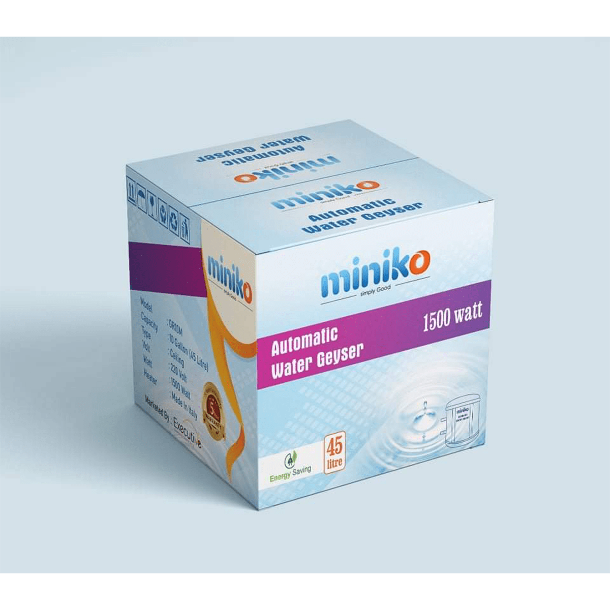 Miniko Automatic Water Geyser (Water Heater ) Made in Italy, 45 litter Capacity, Gross Weight-14.200 KG, 5 Years service warranty, Hot shower equipment.