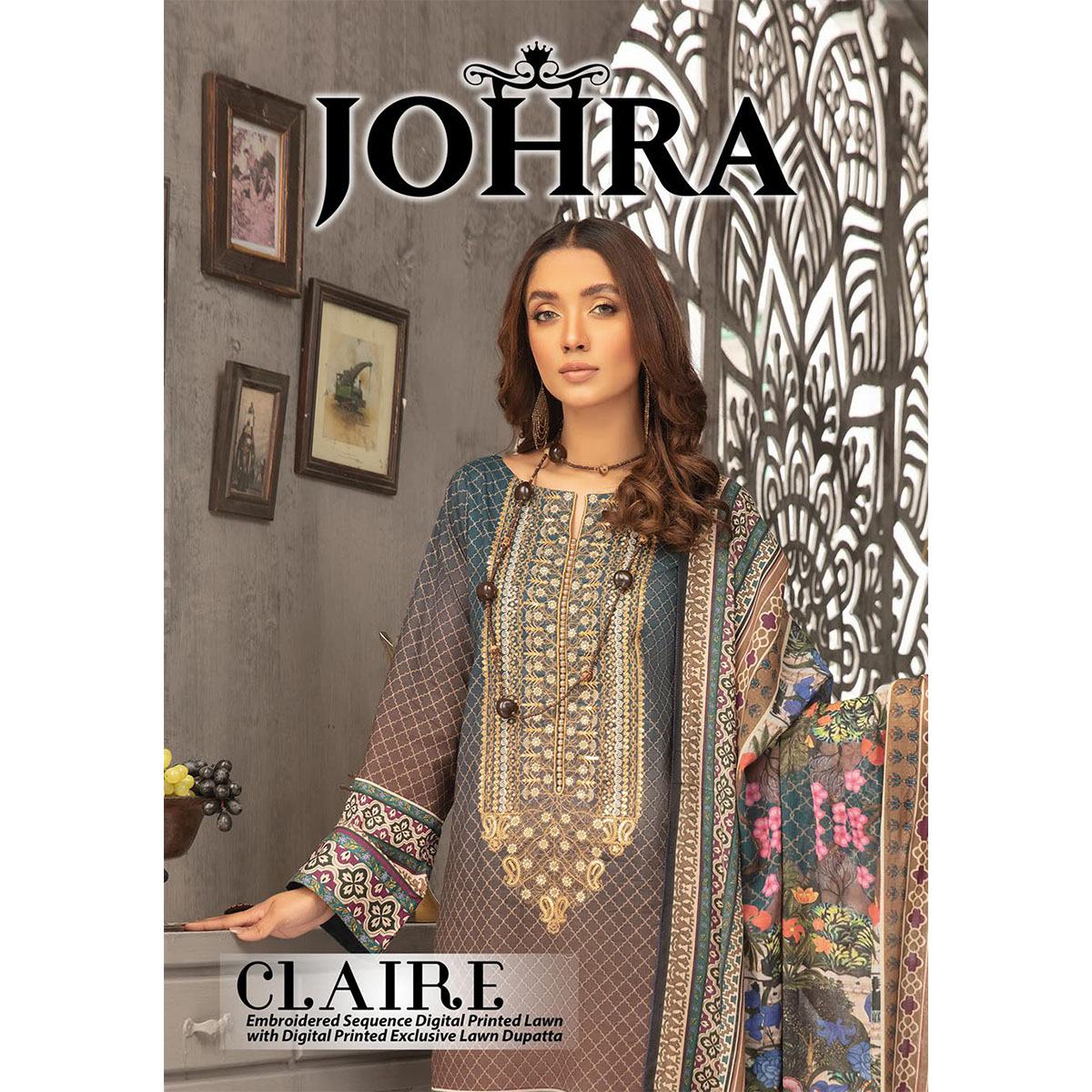 CLAIRE Embroidered Sequence Digital Printed Lawn with Digital Printed Exclusive Lawn Dupatta by JOHRA COLLECTION (Per Set - 8 Suits)
