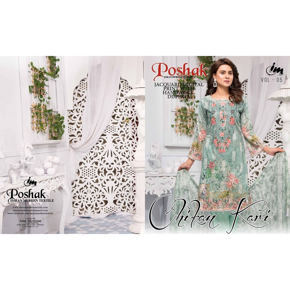 Poshak Chikan Kari Lawn Vol-05 collection with Embroidered and digital Print Back & Sleeves