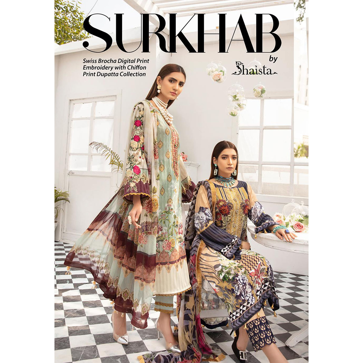 SURKHAB Swiss Brocha digital Print Embroidery with Chiffon Print Dupatta Collection by Shaista (Per Set - 10 Suits)