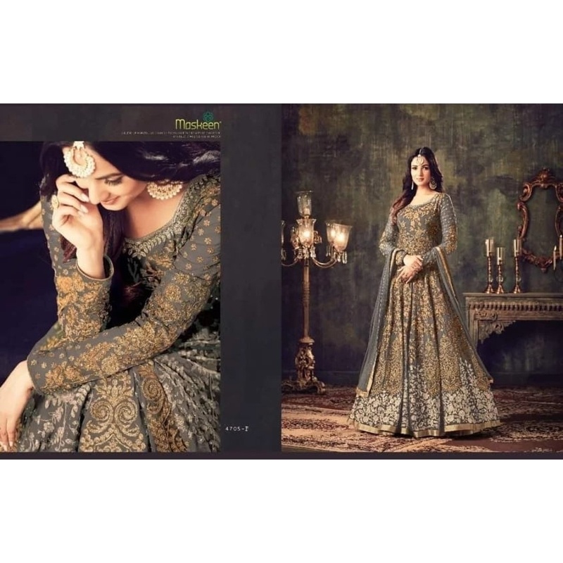 High Quality Fabric’s Heavy Embroidery Work Semi-stitched Weightless Georgette Long Floor Touch Ash Color Anarkali Party Dress for women.