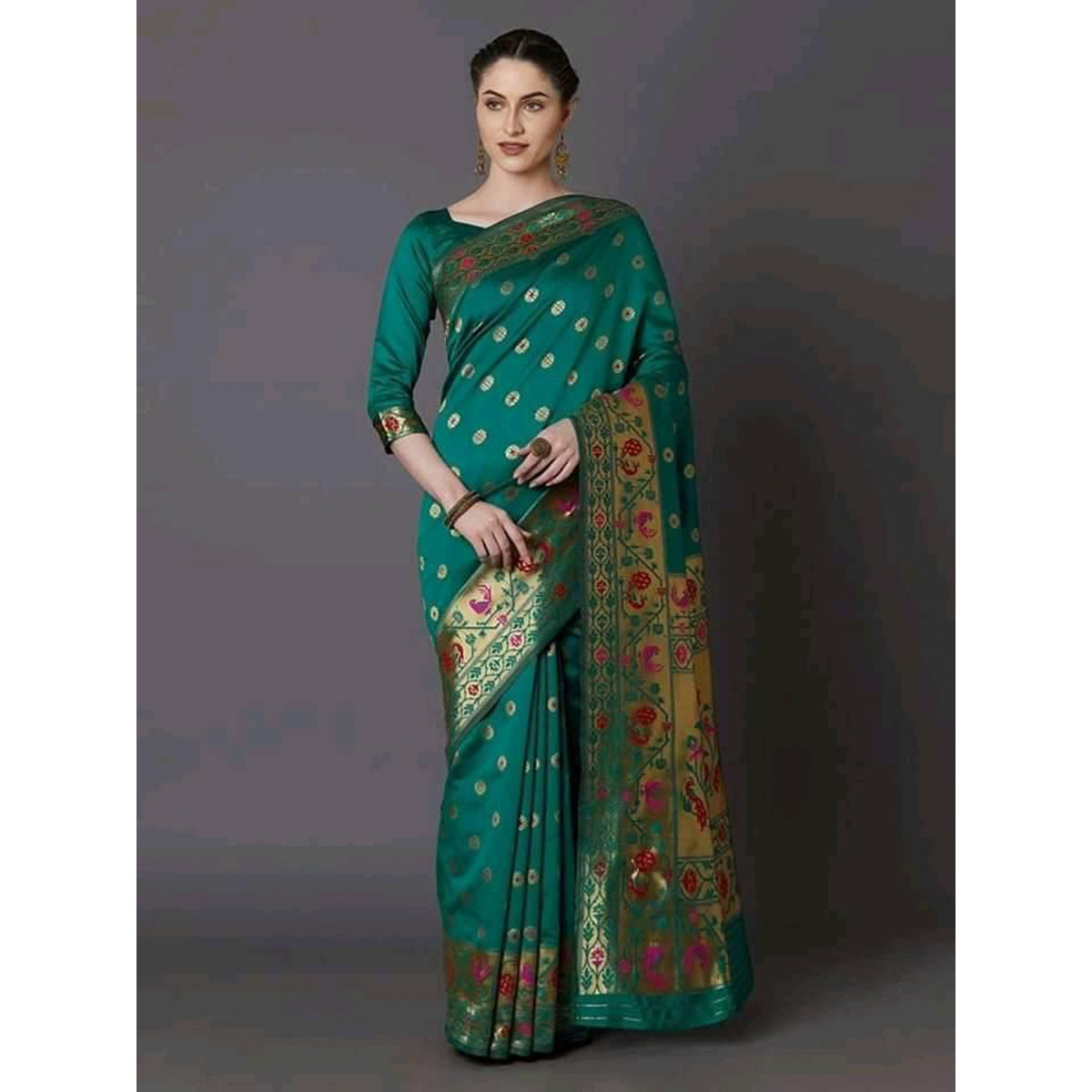 Latest Designed Luxury Exclusive Printed Katan Silk Saree (Sea Green) With Blouse Piece For Women