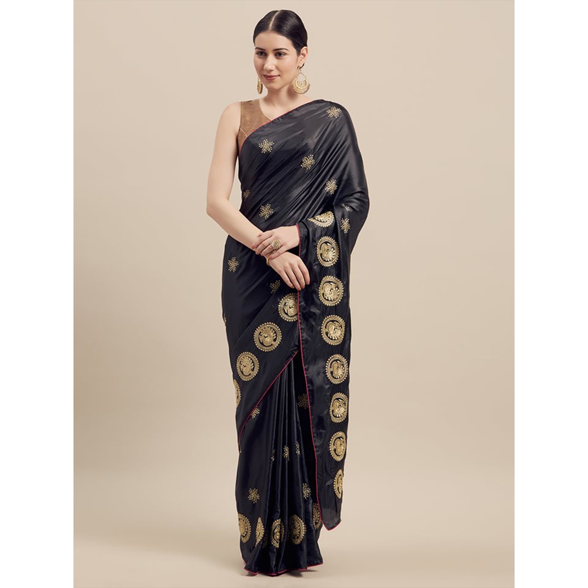 Latest Designed Luxury Exclusive Printed Silk Saree (Black & Gold) With Blouse Piece For Women