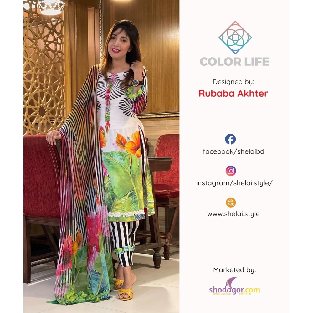 MIXED COTTON FLORAL PRINT WITH SWAROVSKI WORK WITH PURE CHIFFON DUPATTA EXCLUSIVE THREE PIECE BY COLOR LIFE