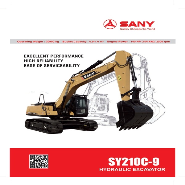 SANY Brand New Hydraulic Excavator(SY210-9) Cummins Engine model- 6BT5.9-C140, 2 X 12 V-Battery, Bucket Capacity: 1m3 GP-Std, 0.9m3 HD-Opt