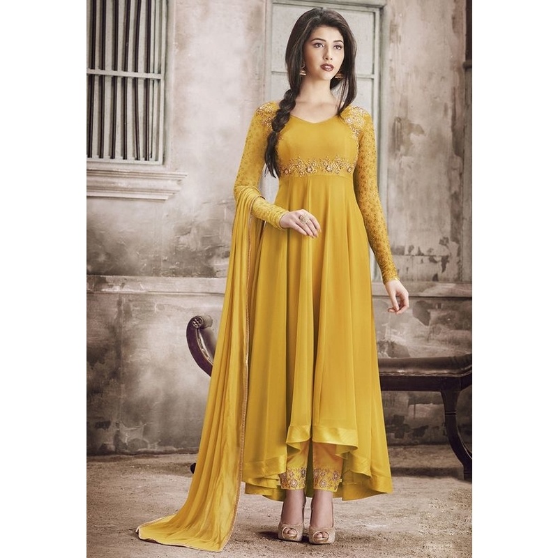 High Quality Deep Yellow Fabric’s Heavy Embroidery Work Semi-stitched Georgette Three Piece (salwar kameez) for women.